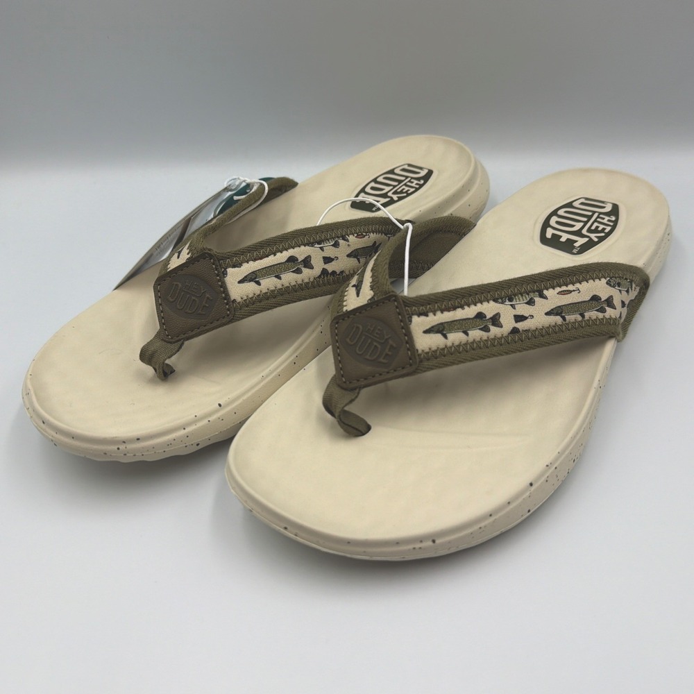 Hey Dude Myers Flip Fish Lure - Flip Flop Sandals - Tan/Multi - Men's 10 **NEW**